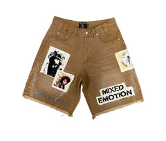 MIXED EMOTION PHOTO PATCH FRAYED BROWN BAGGY DENIM SHORTS