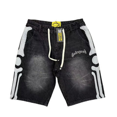 Godspeed All‑Over Logo Applique Black Washed Denim Jort Shorts