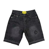 Godspeed All‑Over Logo Patch Black Washed Denim Jort Shorts