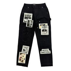 MIXED EMOTION NEWSPAPER PATCH CARPENTER BLACK DENIM PANTS