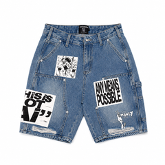 MIXED EMOTION CARPENTER PATCHWORK LIGHT WASH DENIM JORTS