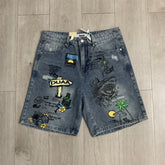 Duaa Vintage Graffiti Print Distressed Denim Jort Shorts