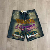 Duaa Vintage Gradient Washed Colorful Letter Patch Denim Shorts