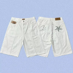 Corteiz Back Star Embroidery Heavyweight Denim Shorts - White
