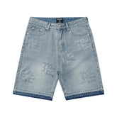 MIXED EMOTION RHINESTONE GRAFFITI DENIM JORTS LIGHT WASH