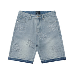 MIXED EMOTION RHINESTONE GRAFFITI DENIM JORTS LIGHT WASH