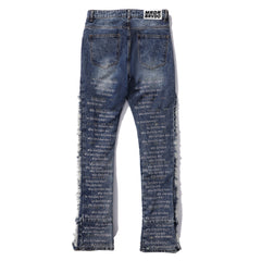 Who Decides War Distressed Text Print Blue Stacked Flare Jeans
