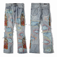 Who Decides War Multi‑Patch Ripped Distressed Light Wash Stacked Flare Jeans