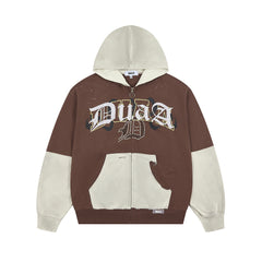 DUAA COLOR BLOCK DISTRESSED RHINESTONE FULL ZIP HOODIE
