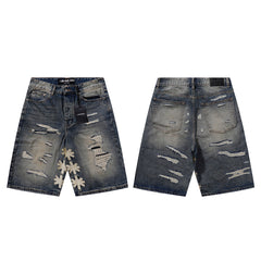 LOST SHDWS VINTAGE DISTRESSED WHITE FLORAL APPLIQUE DENIM JORTS
