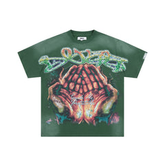 DUAA PRAYING HANDS RHINESTONE GREEN VINTAGE WASH T‑SHIRT