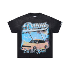 DUAA ON THE ROAD VINTAGE CAR PALM TREE RHINESTONE WASHED T‑SHIRT