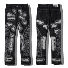 Who Decides War Cathedral Embroidered Black Destroyed Stacked Flare Jeans