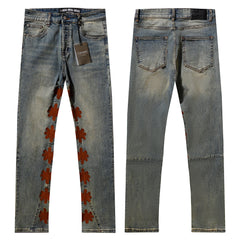 LOST SHDWS Light Wash Grey Floral Applique Stacked Flare Jeans
