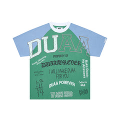 DUAA Green‑Blue Raglan Multi‑Slogan Oversized Graphic T‑Shirt