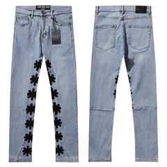 LOST SHDWS LIGHT WASH BLACK FLORAL APPLIQUE STACKED FLARE JEANS