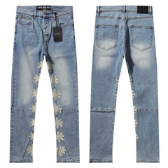 LOST SHDWS LIGHT WASH BEIGE FLORAL APPLIQUE STACKED FLARE JEANS