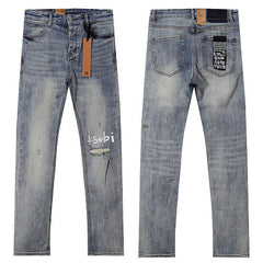 Ksubi Style Distressed Knee Print Slim Fit Jeans - Vintage Washed Light Blue Denim