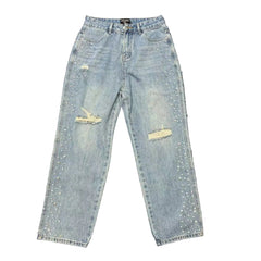 MIXED EMOTION RHINESTONE RIPPED LIGHT WASH WIDE LEG DENIM PANTS