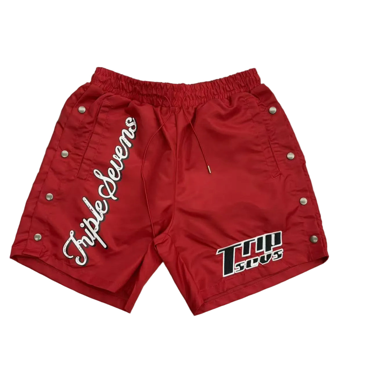 Triple Sevens Red Snap‑Side Graphic Street Shorts