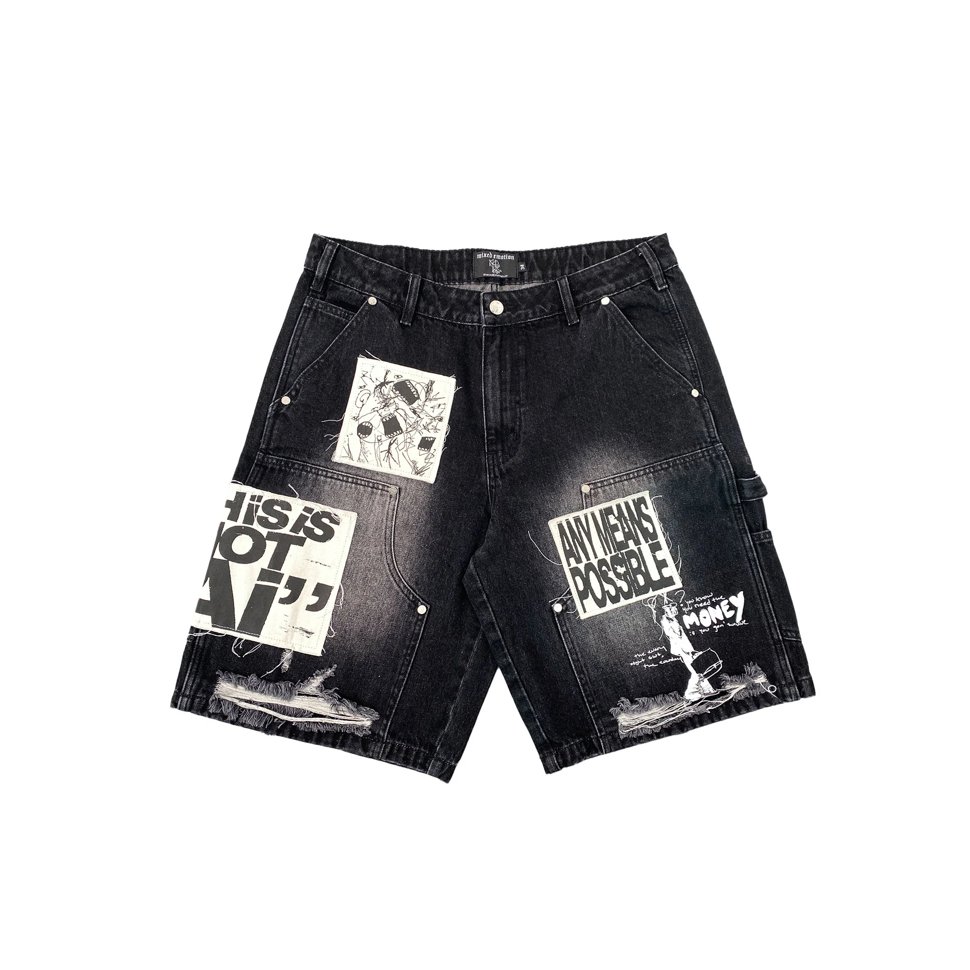 MIXED EMOTION CARPENTER SLOGAN PATCH BLACK WASH DENIM JORTS