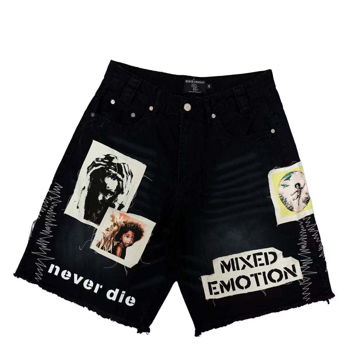 MIXED EMOTION PHOTO PATCH FRAYED BAGGY BLACK DENIM SHORTS