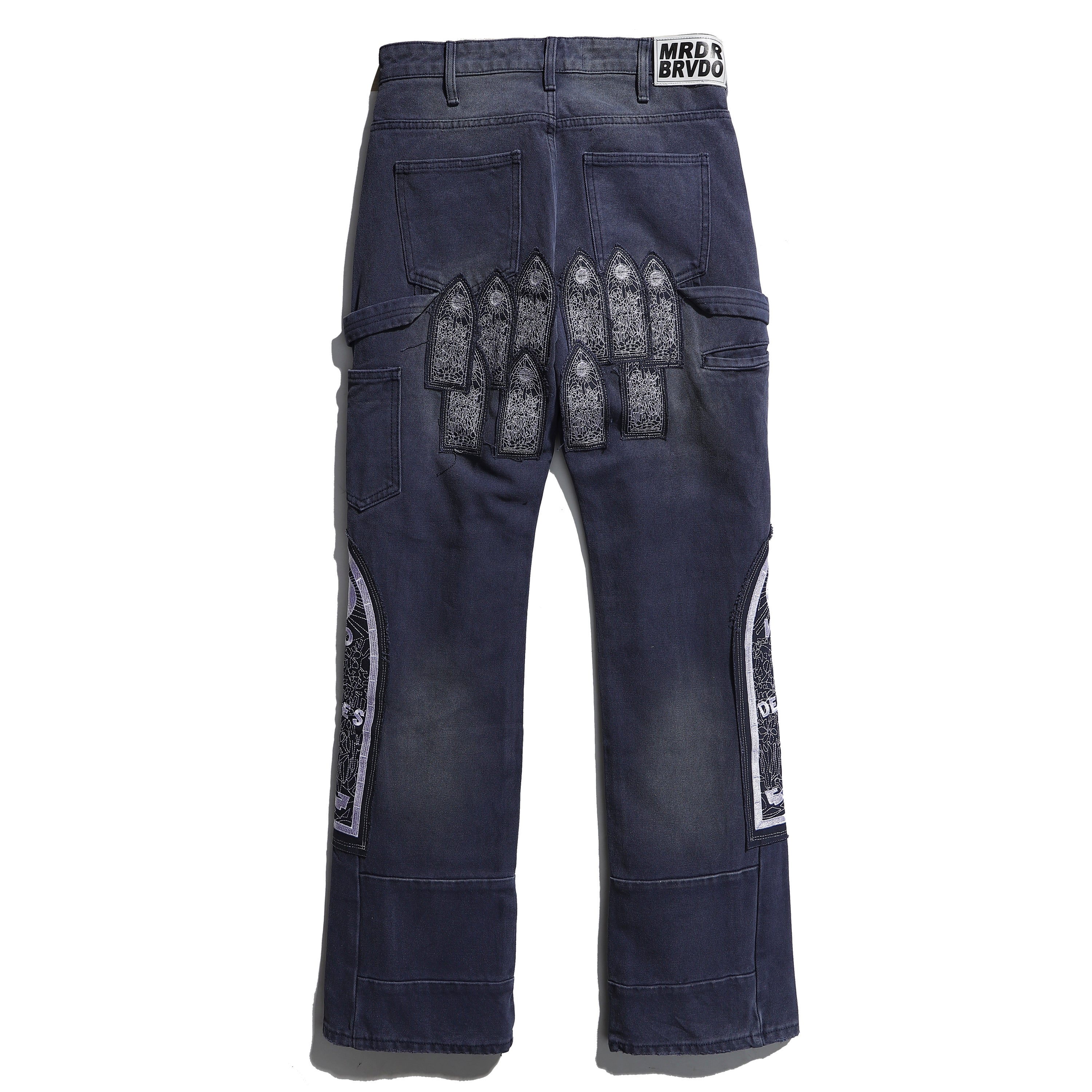 Who Decides War Cathedral Embroidered Navy Stacked Flare Jeans