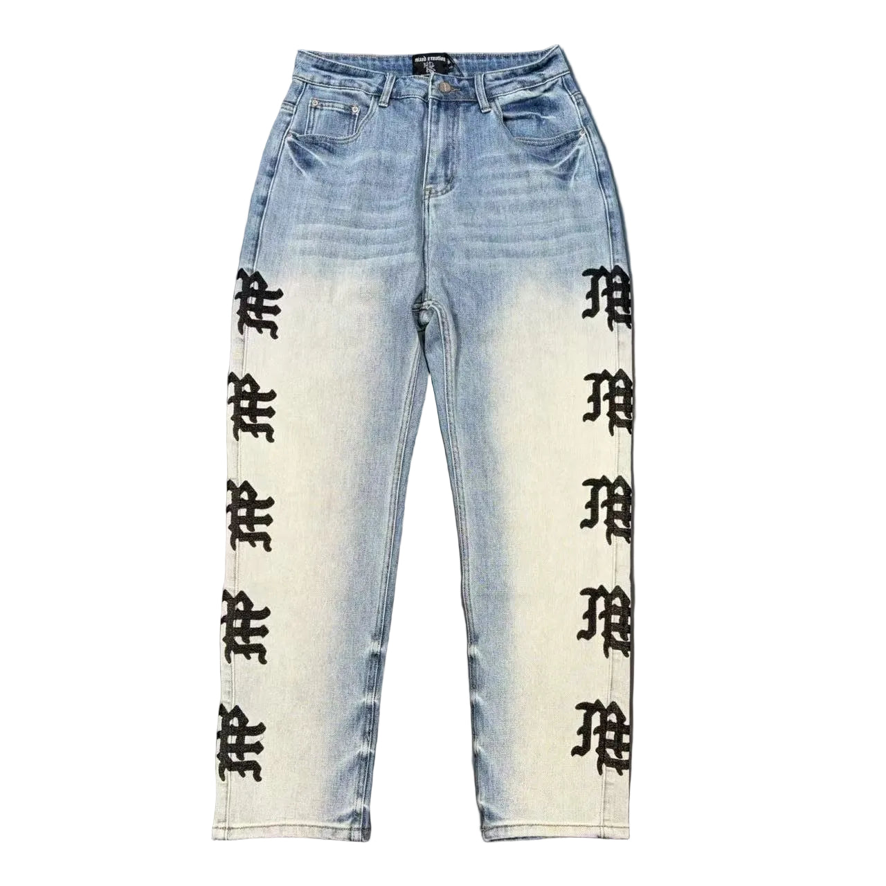 MIXED EMOTION SIDE GOTHIC EMBROIDERED LIGHT WASH DENIM PANTS