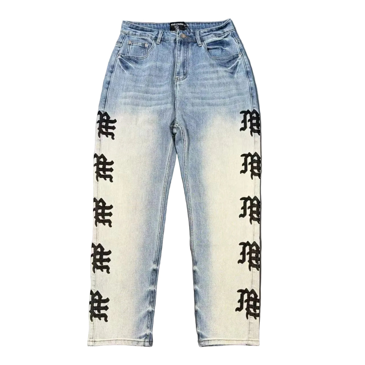 MIXED EMOTION SIDE GOTHIC EMBROIDERED LIGHT WASH DENIM PANTS
