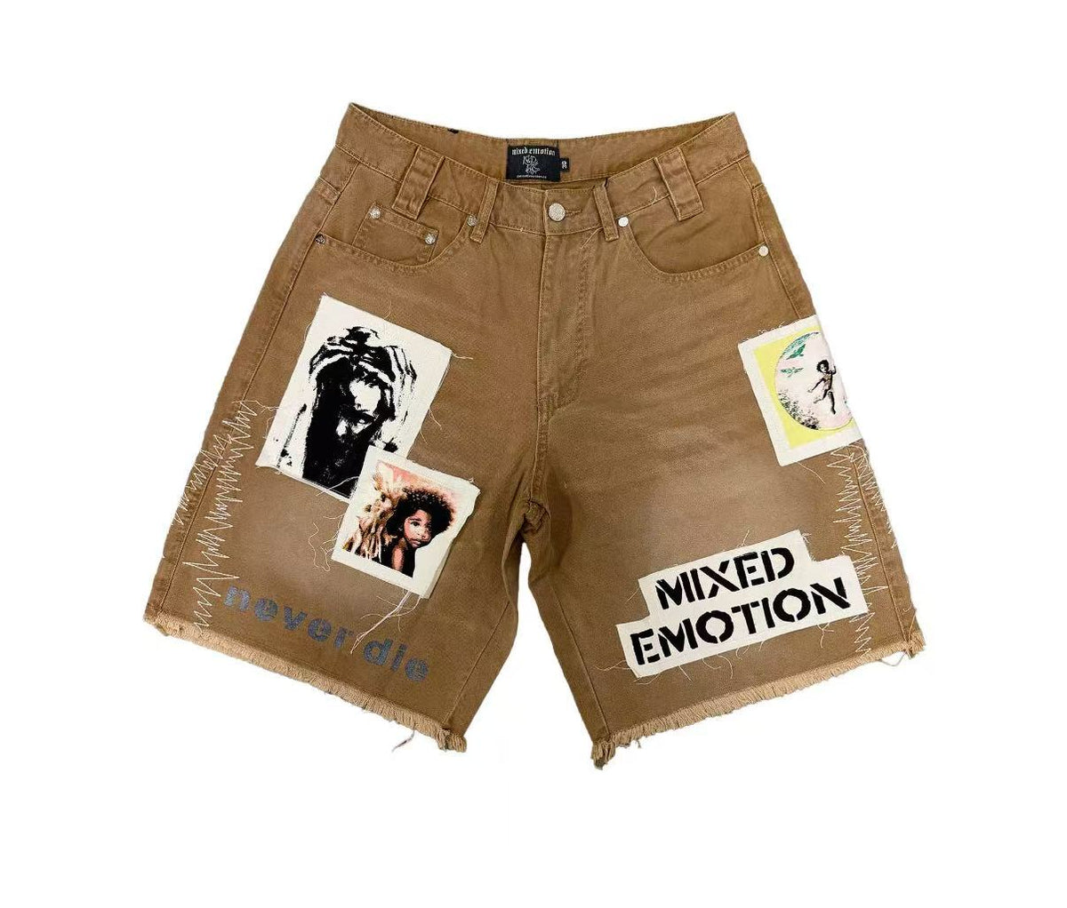 MIXED EMOTION PHOTO PATCH FRAYED BROWN BAGGY DENIM SHORTS