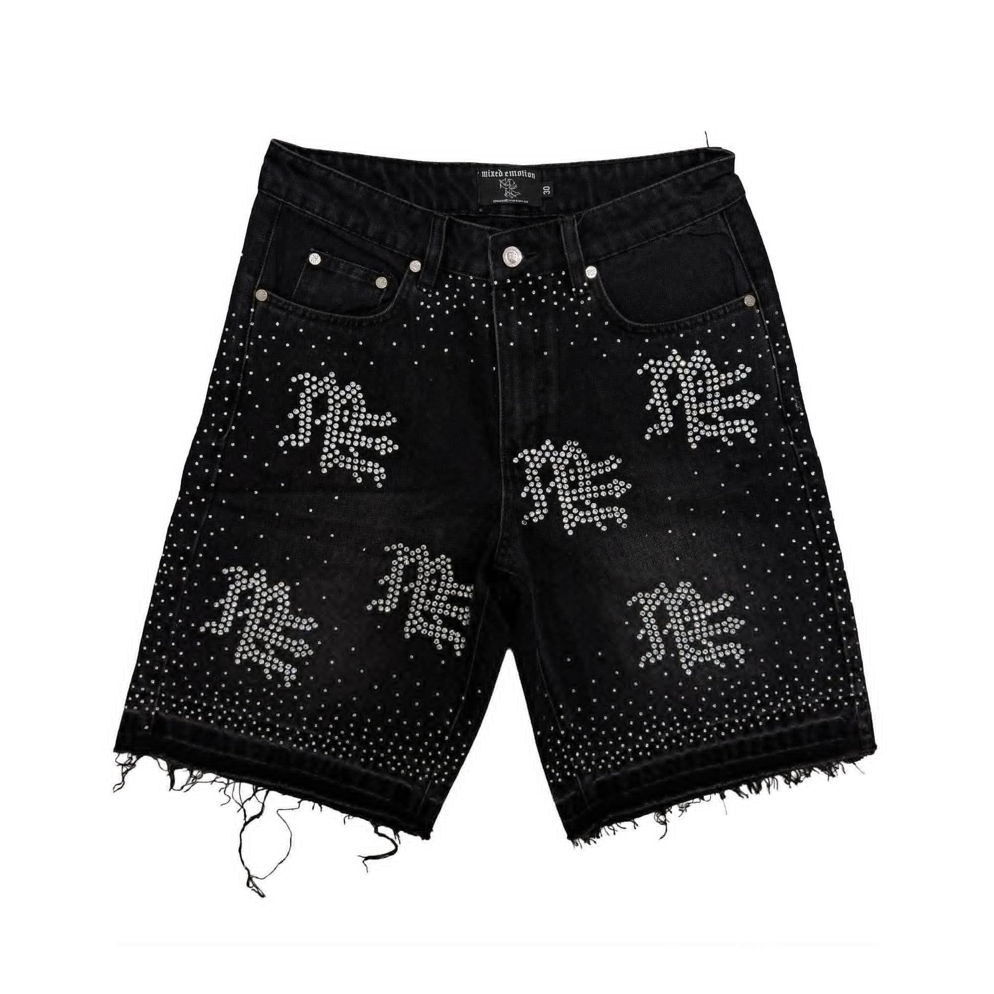 MIXED EMOTION RHINESTONE GRAFFITI FRAYED BLACK DENIM JORTS