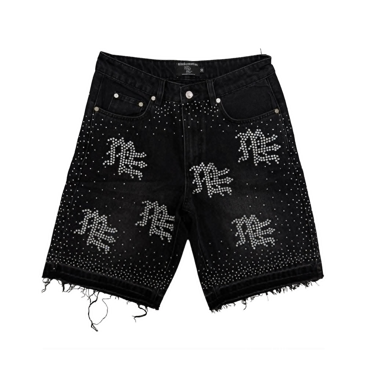 MIXED EMOTION RHINESTONE GRAFFITI FRAYED BLACK DENIM JORTS
