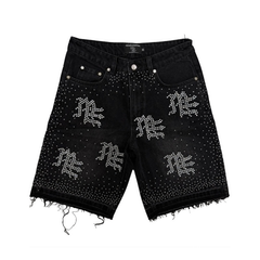 MIXED EMOTION RHINESTONE GRAFFITI FRAYED BLACK DENIM JORTS