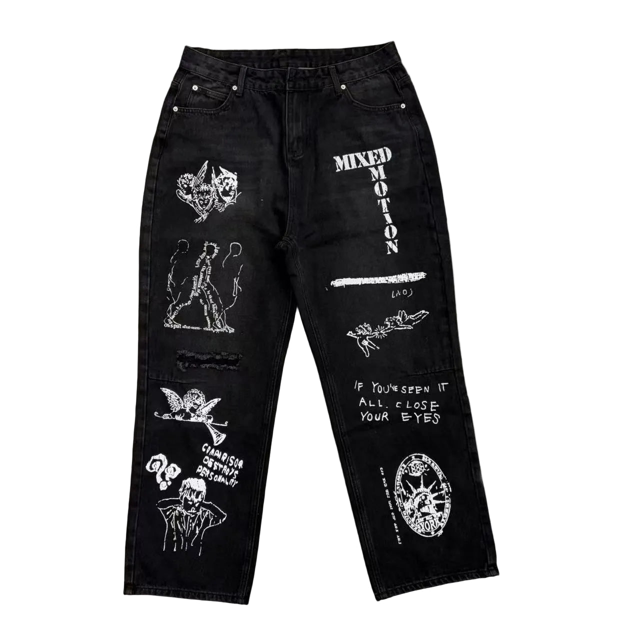 Mixed Motion Graphic Print Black Baggy Denim Jeans