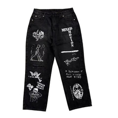 Mixed Motion Graphic Print Black Baggy Denim Jeans