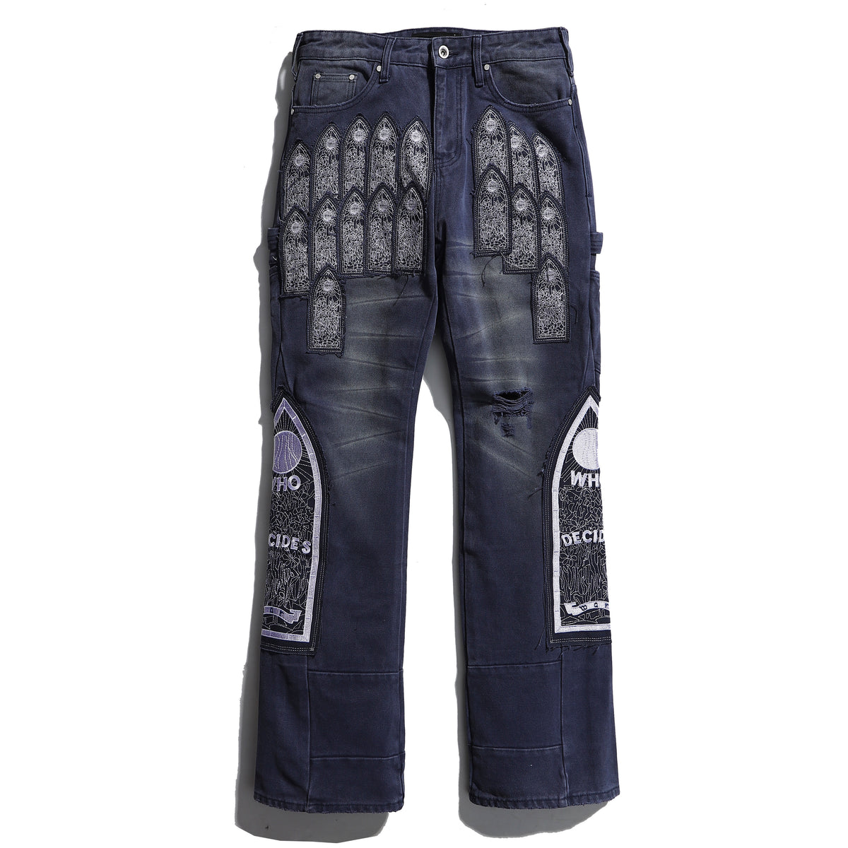 Who Decides War Cathedral Embroidered Navy Stacked Flare Jeans