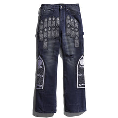 Who Decides War Cathedral Embroidered Navy Stacked Flare Jeans