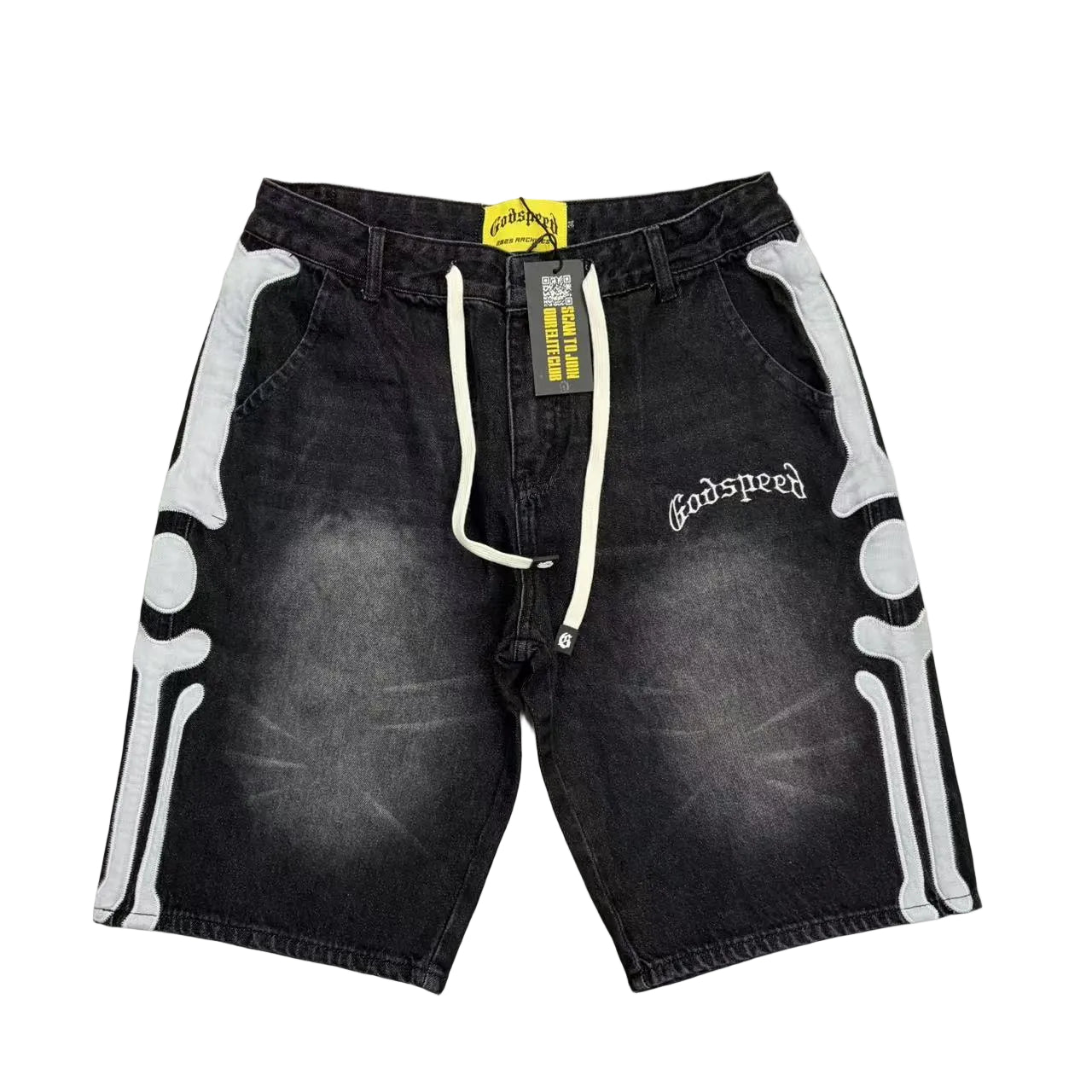 Godspeed All‑Over Logo Applique Black Washed Denim Jort Shorts
