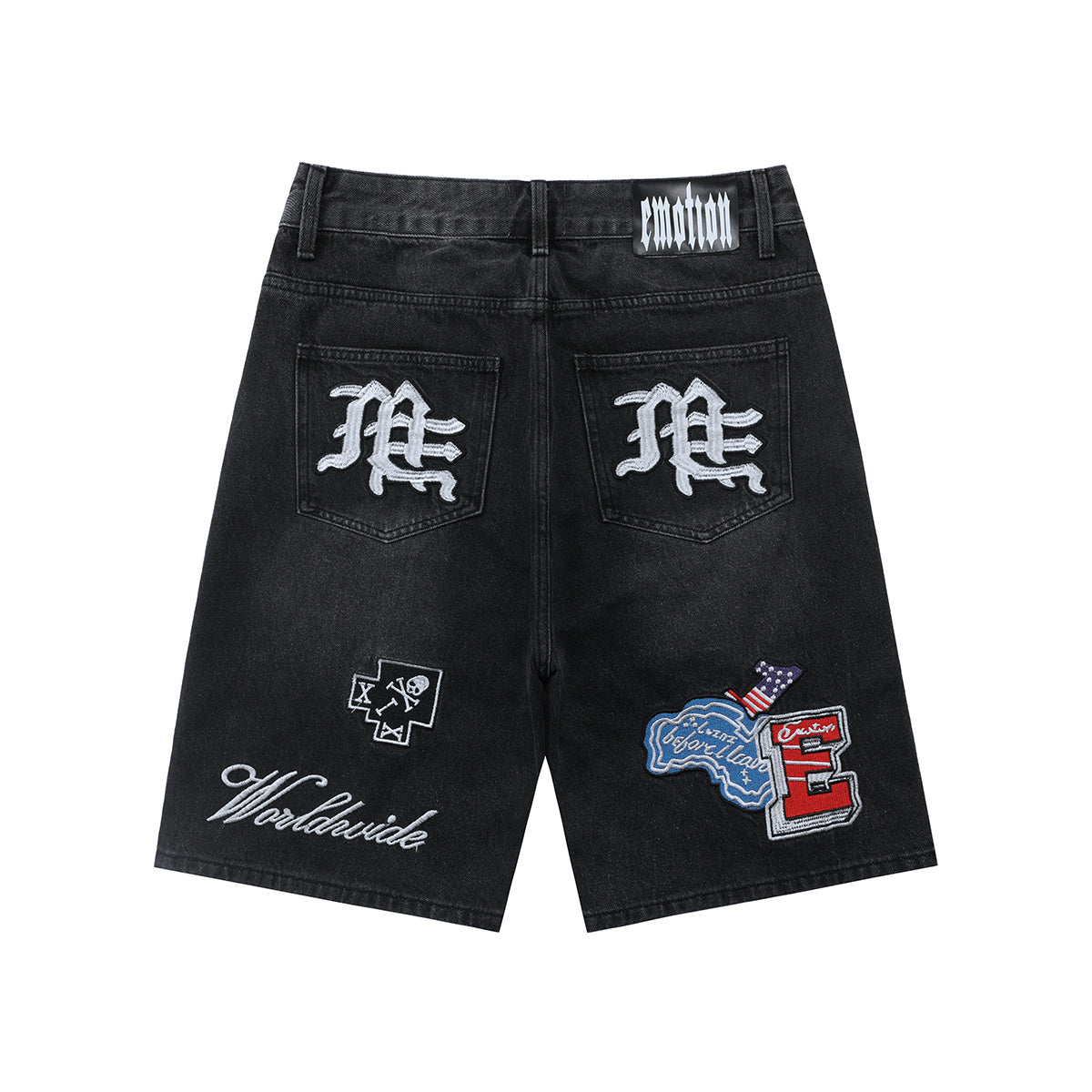 MIXED EMOTION MULTI‑PATCH BLACK WASH BAGGY DENIM SHORTS