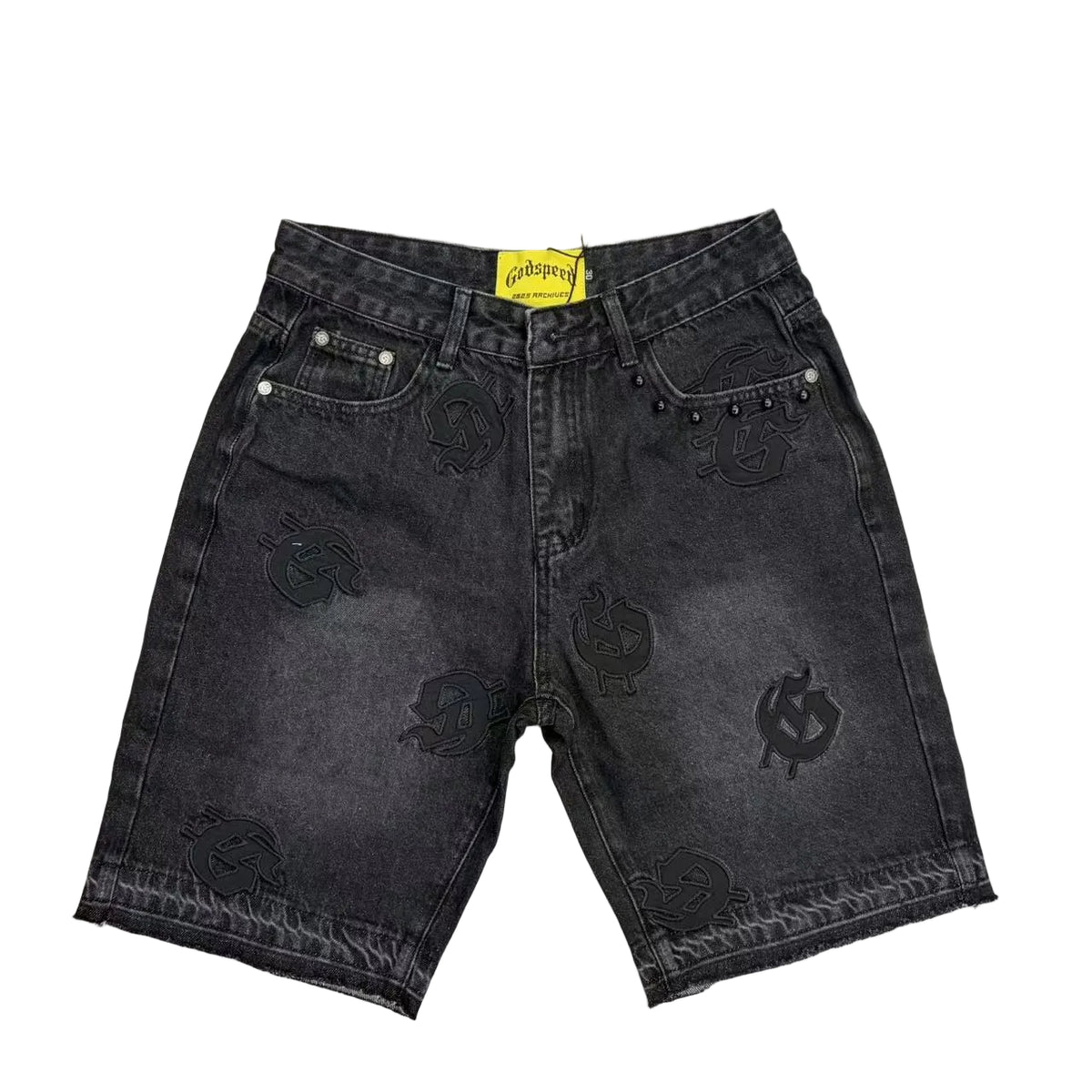 Godspeed All‑Over Logo Patch Black Washed Denim Jort Shorts