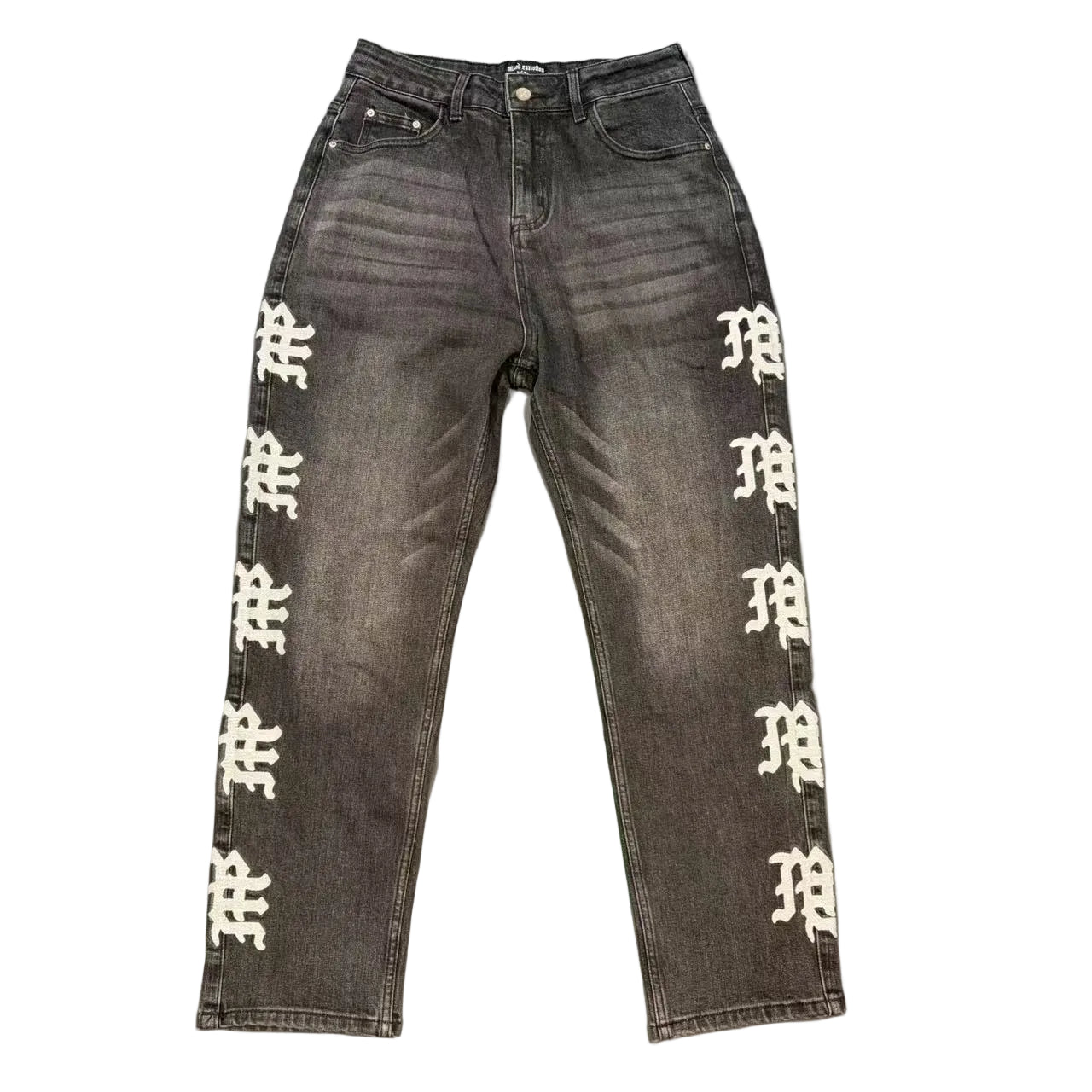 MIXED EMOTION SIDE GOTHIC EMBROIDERED BLACK WASH DENIM PANTS