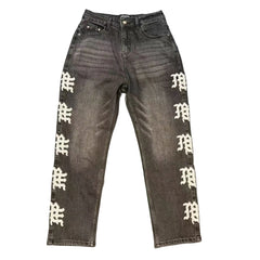 MIXED EMOTION SIDE GOTHIC EMBROIDERED BLACK WASH DENIM PANTS