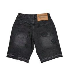 Godspeed All‑Over Logo Patch Black Washed Denim Jort Shorts