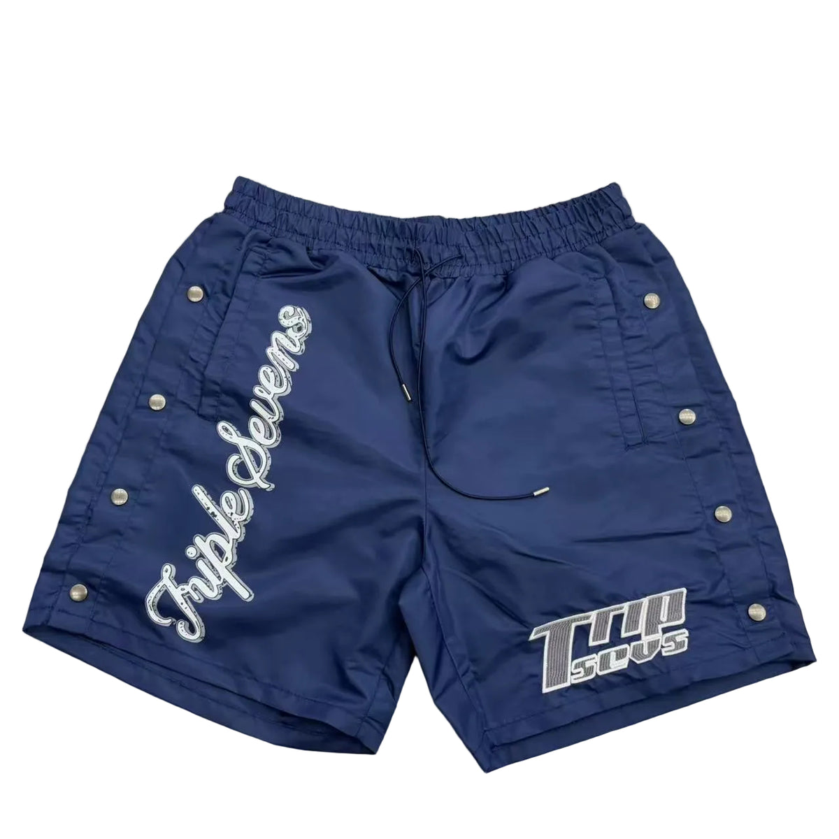 Triple Sevens Navy Blue Snap‑Side Graphic Street Shorts