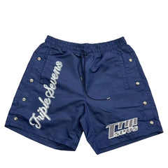Triple Sevens Navy Blue Snap‑Side Graphic Street Shorts