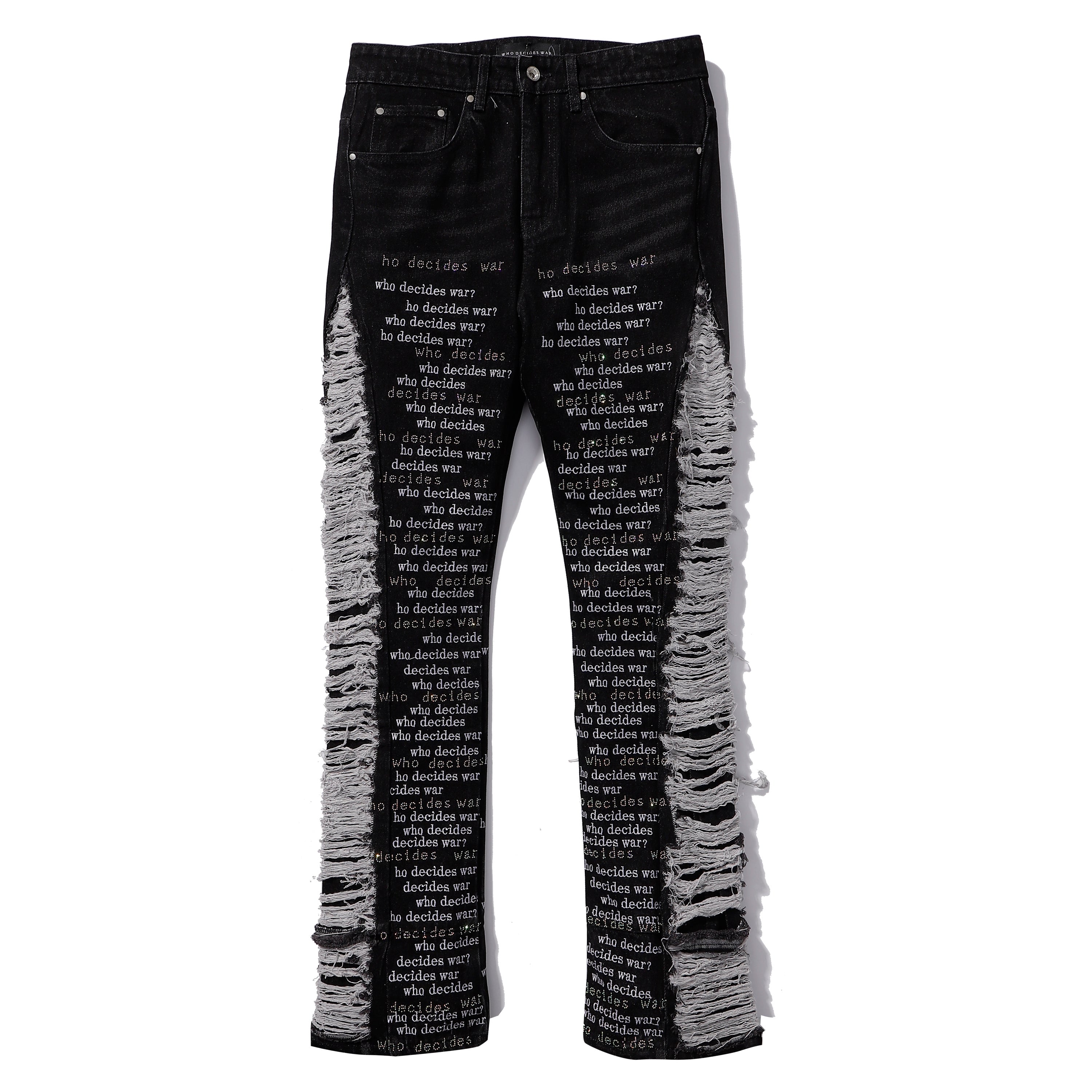 Who Decides War Frayed Side Text Print Black Flare Denim Jeans