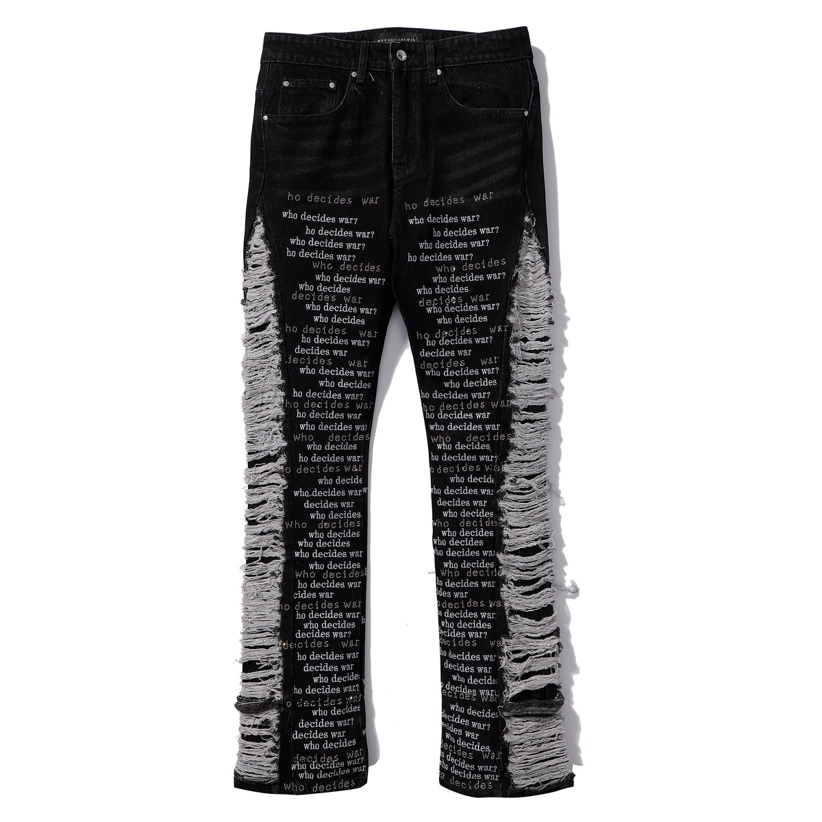 Who Decides War Frayed Side Text Print Black Flare Denim Jeans