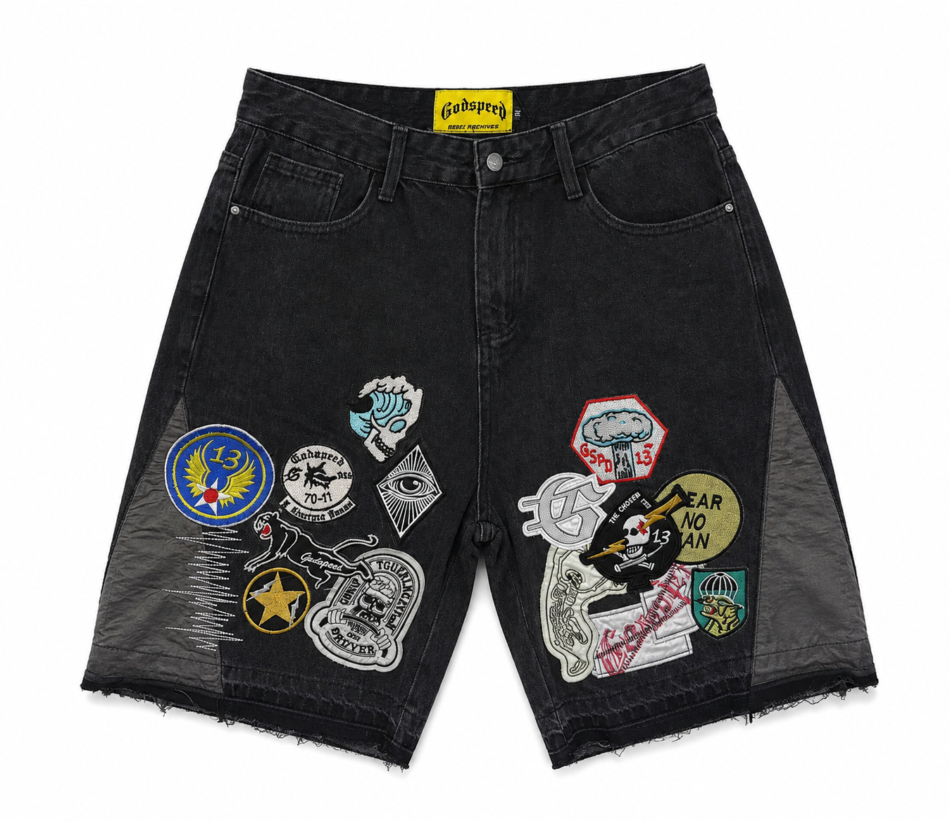 Godspeed Multi‑Badge Patch Black Washed Denim Jort Shorts