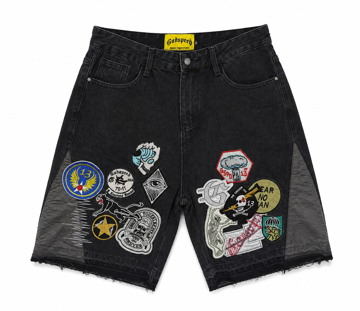 Godspeed Multi‑Badge Patch Black Washed Denim Jort Shorts