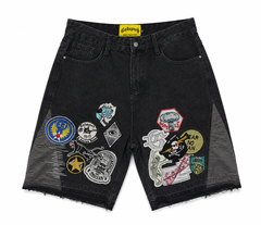 Godspeed Multi‑Badge Patch Black Washed Denim Jort Shorts